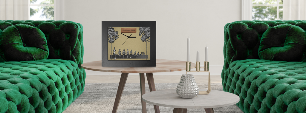 Creative gift for anniversary featuring 3D family figures placed in front of a high-quality engraved metal photo background.