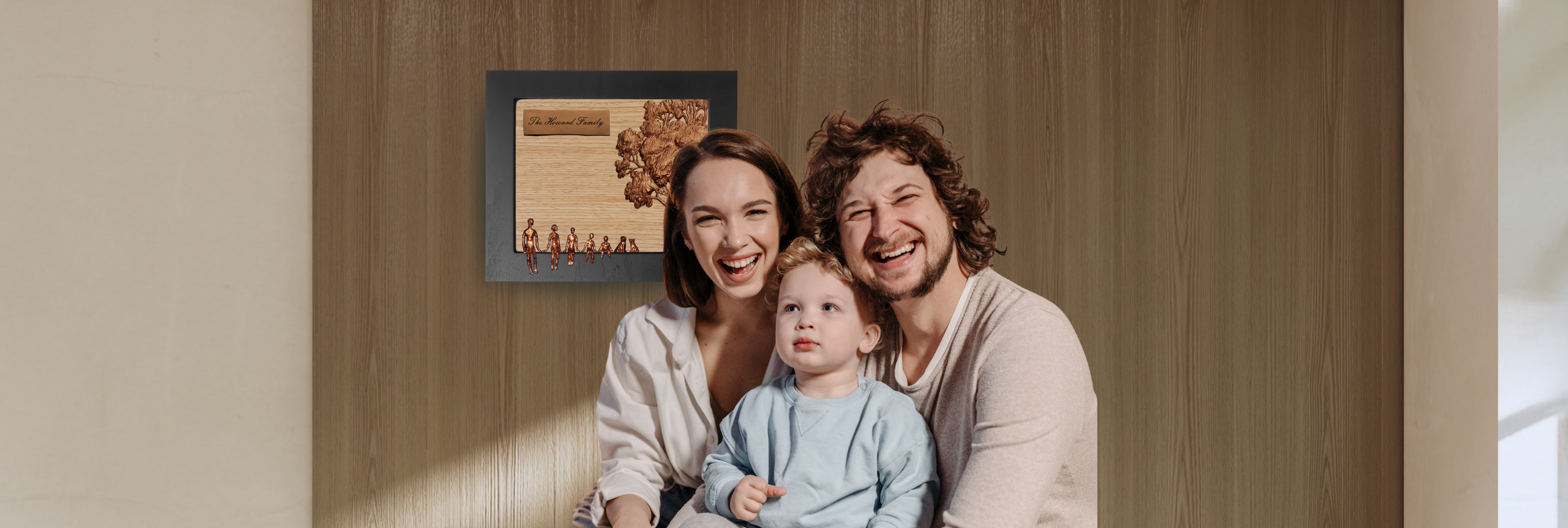 Personalized 5th anniversary wood gift featuring a family tree wall art for a couple and their child